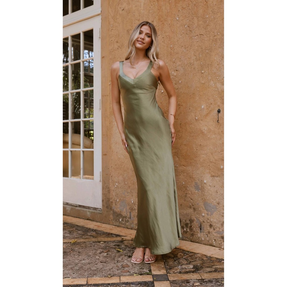 Billy J Andie Maxi Dress Olive Green Satin V-Neck Criss Cross Back Size 4 NEW